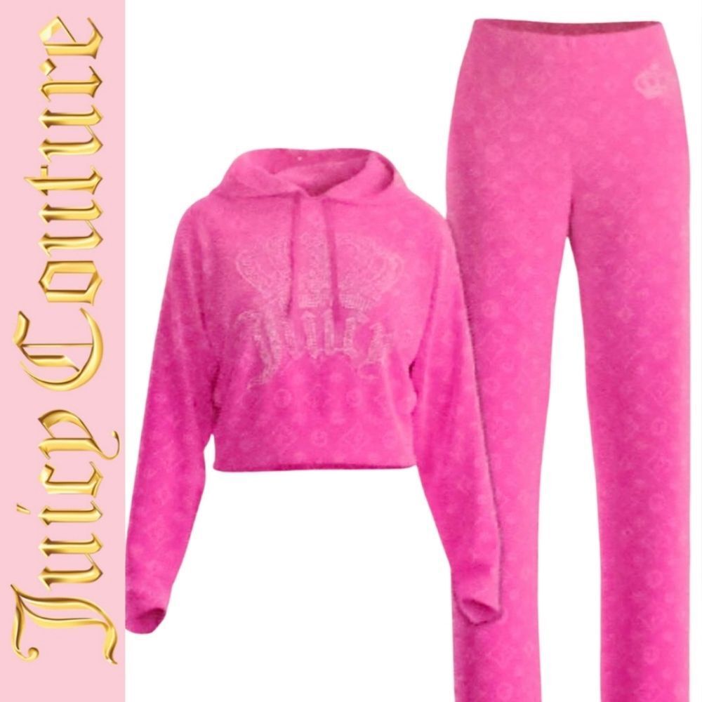Juicy Couture Rhinestone & Embossed Crown Logo Hooded L/S Top & Pant Lounge Set